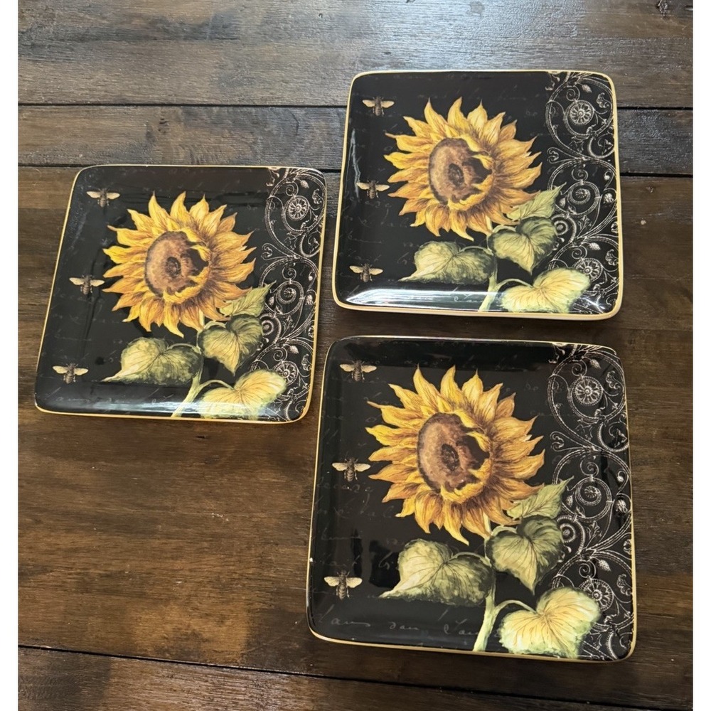 Certified International Sunflower Square Plates Set of 3 Black Floral Bee 8.75"